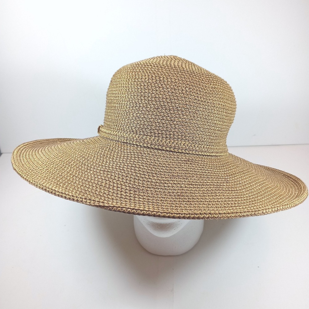 Nine West Womens Wide Brim Straw Sun Hat OS Bronze Gold Metallic Woven Beach Cap